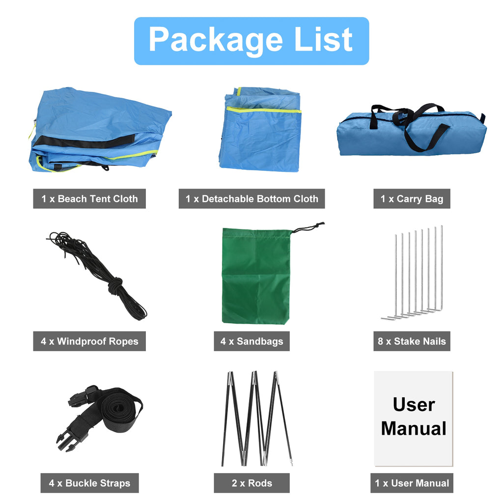 Blue beach tent canopy kit with carry bag, ropes, stakes, rods, and buckle straps.