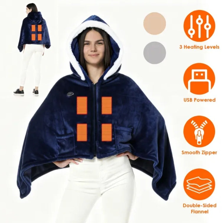 Dark blue wearable heated hoodie blanket with hood, zipper and front pocket