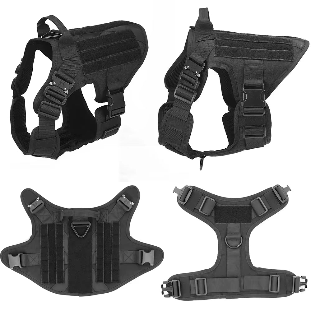 Black tactical dog harness, padded chest panel, adjustable straps, multiple views