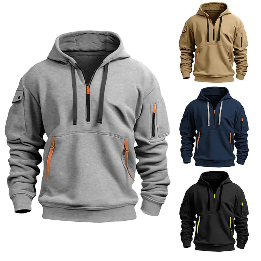 Oversized heather gray hoodie with hood, black drawstrings, kangaroo pocket, sleeve zips