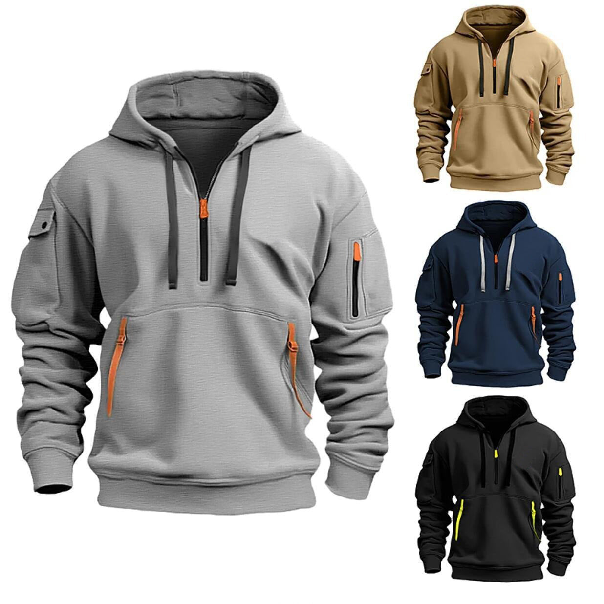 Oversized heather gray hoodie with hood, black drawstrings, kangaroo pocket, sleeve zips
