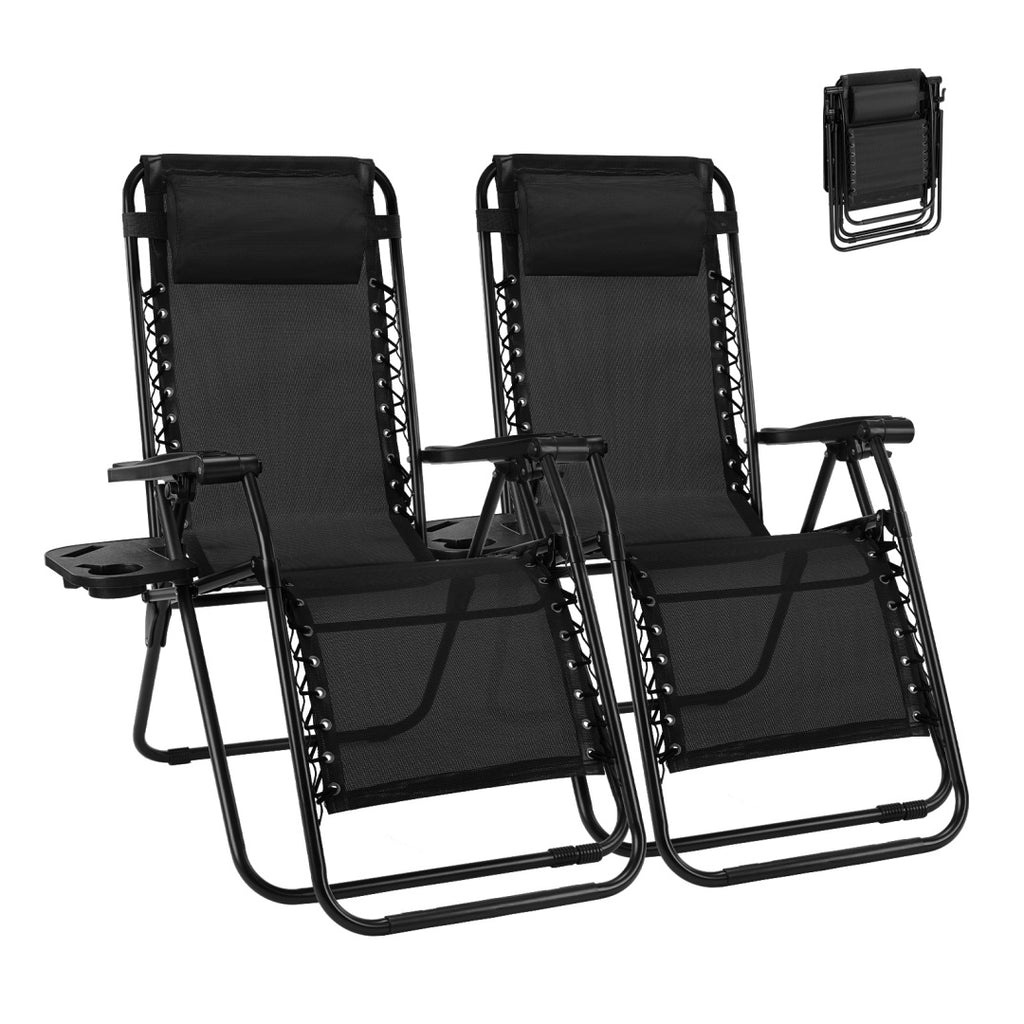 Black folding lounge recliner chair set of 2 with pillow, arm tray, and cup holder.