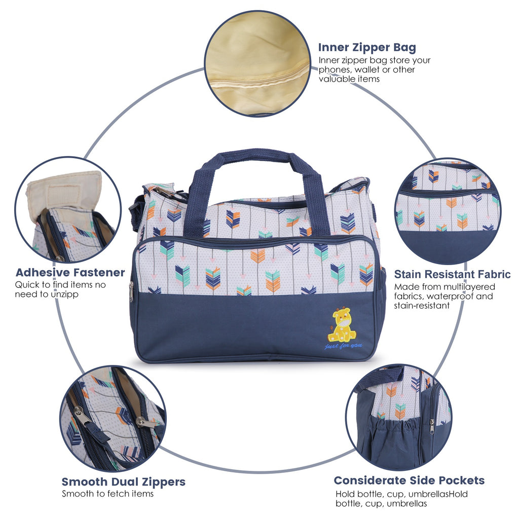 Navy diaper bag with dual zippers, side pockets, and inner zip pouch