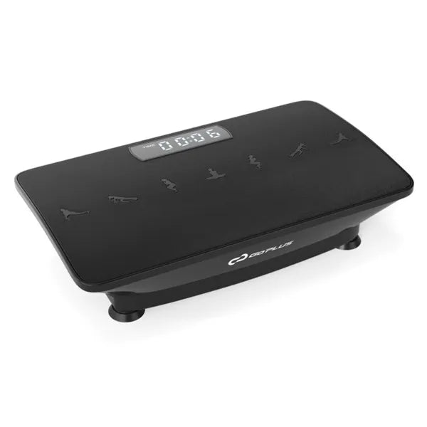 Black vibration plate close-up with digital speed screen and embossed vibration icons