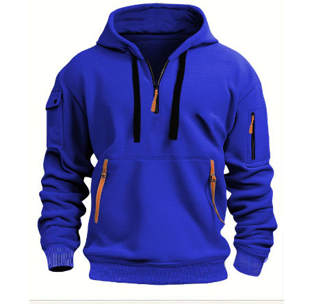 Oversized royal blue hoodie with hood, black drawstrings, kangaroo pocket, zip sleeve pockets