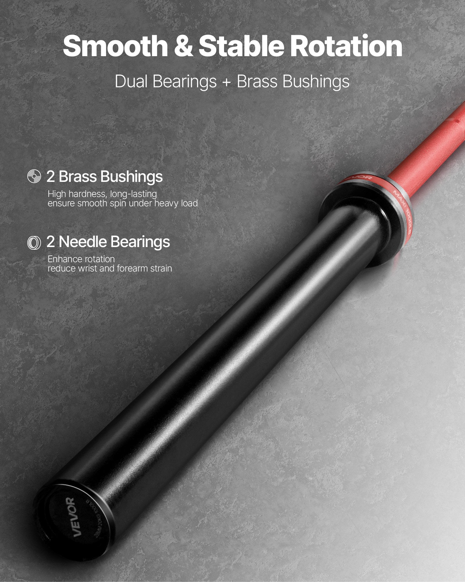 Olympic barbell bar with red shaft and black sleeves showing bearing housing details