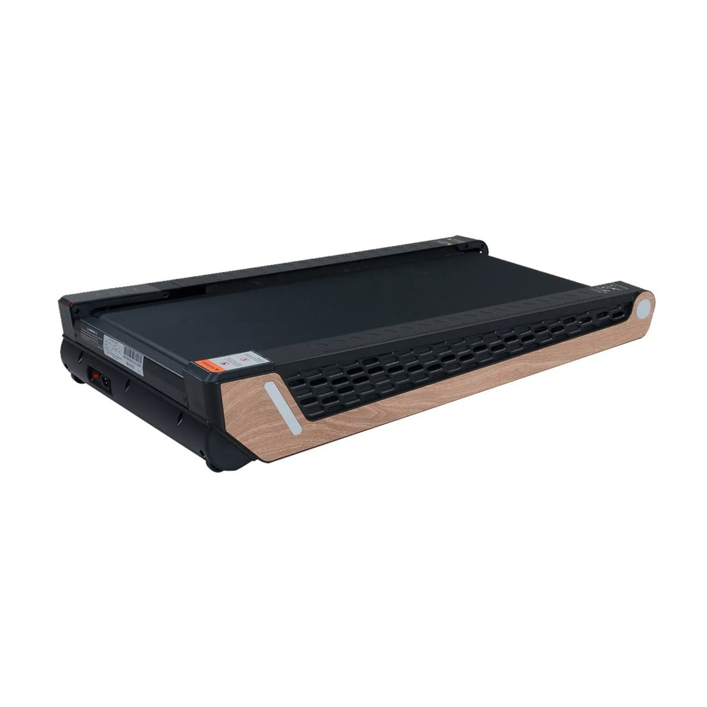 Walking pad treadmill, black deck with wood base panels and power console