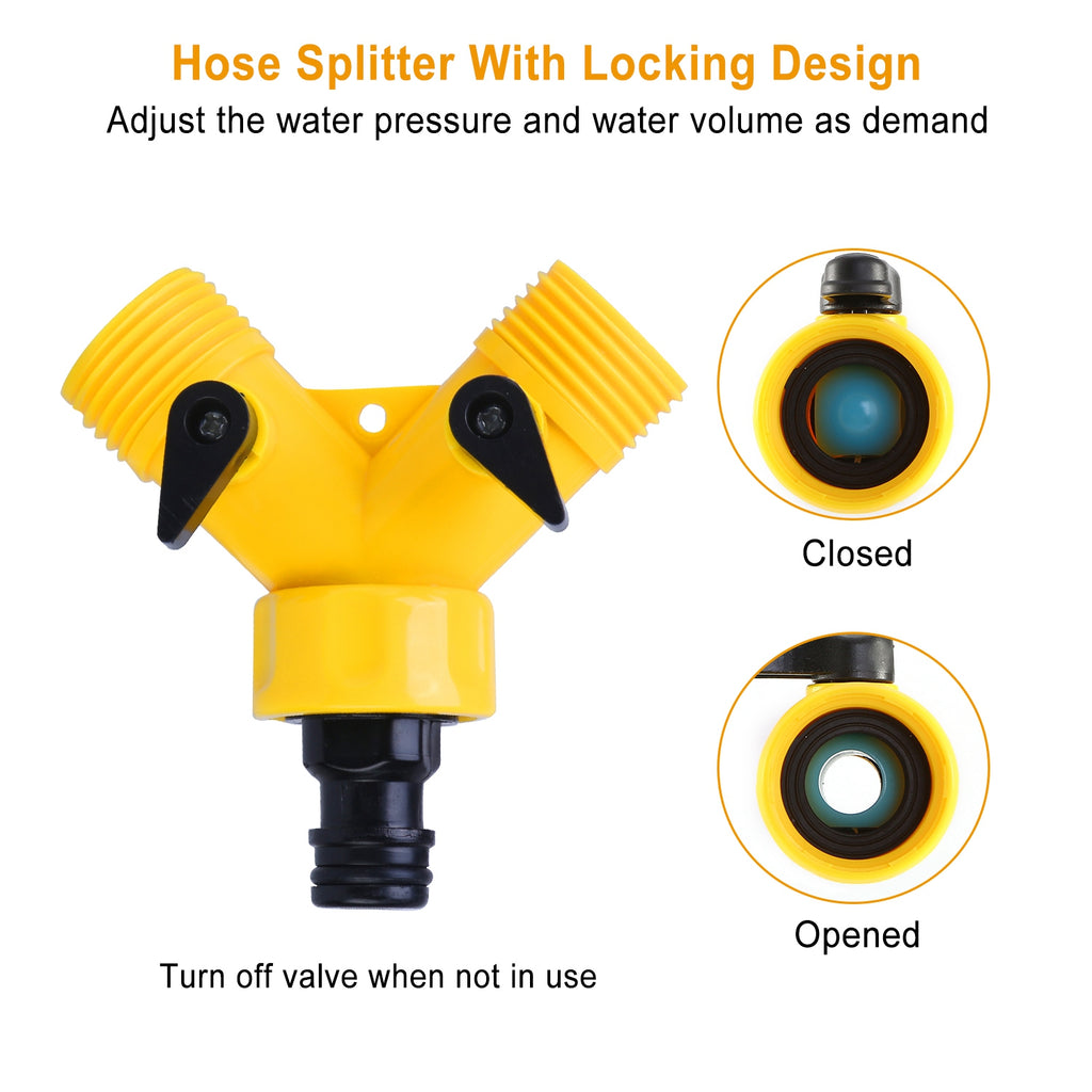 Yellow hose splitter with locking design for garden hose connection