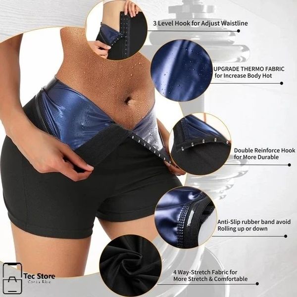 Black waist trainer shorts with blue lining and front hook closure band