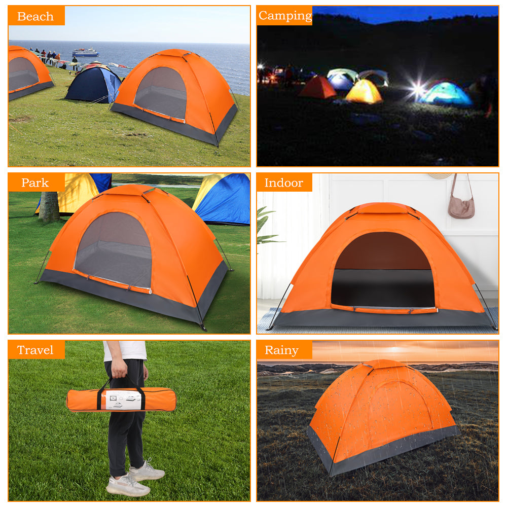 Orange dome tents with open doorways displayed in outdoor and indoor settings