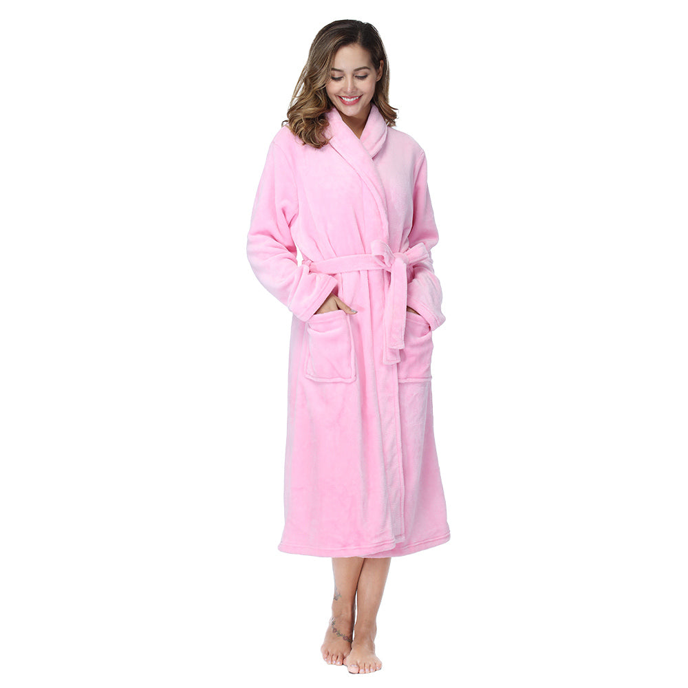 Light pink long bathrobe with shawl collar, belt tied, side view and front pockets