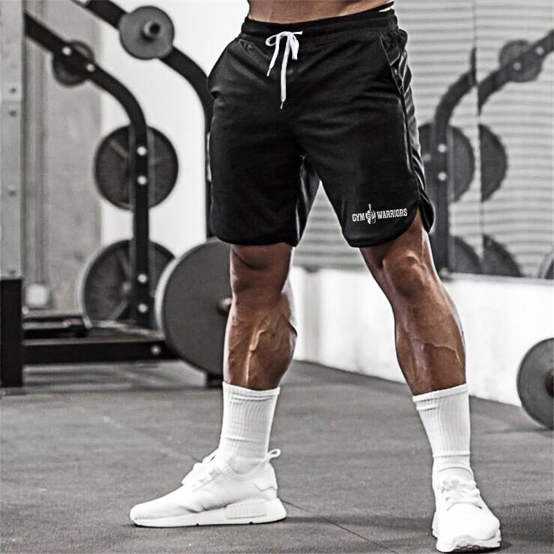 Men's quick-dry mesh fitness shorts, black with white drawstring and Gym Warriors logo