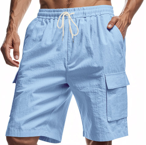 Light blue men’s drawstring cargo shorts with utility pocket and side flap pocket