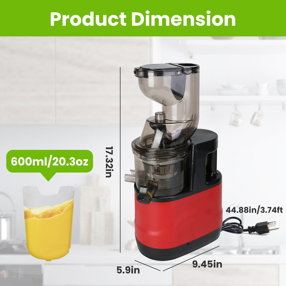 Red cold press juicer front view with clear hopper and chrome spout, compact base.