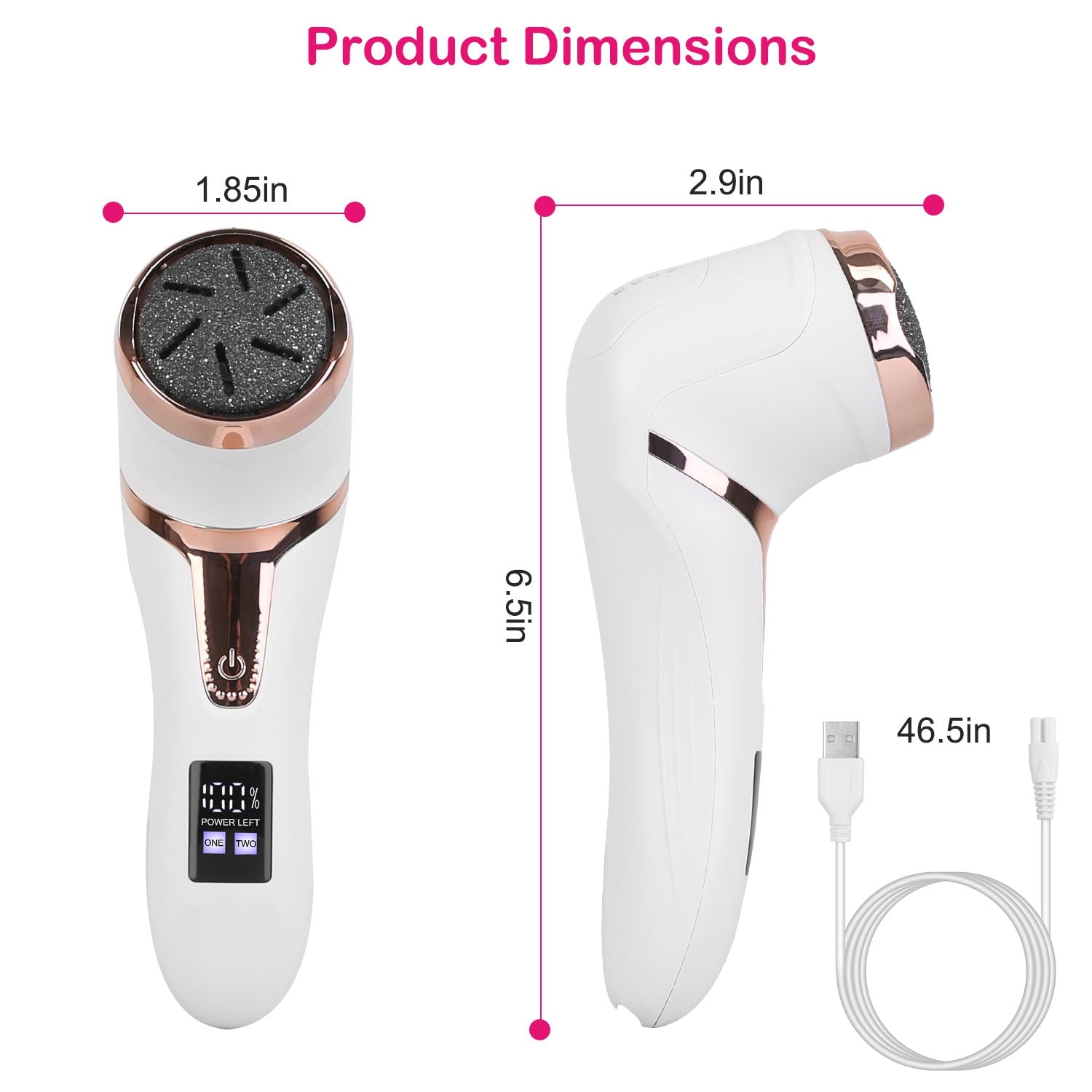 White foot callus remover with round grinding head and compact size dimensions
