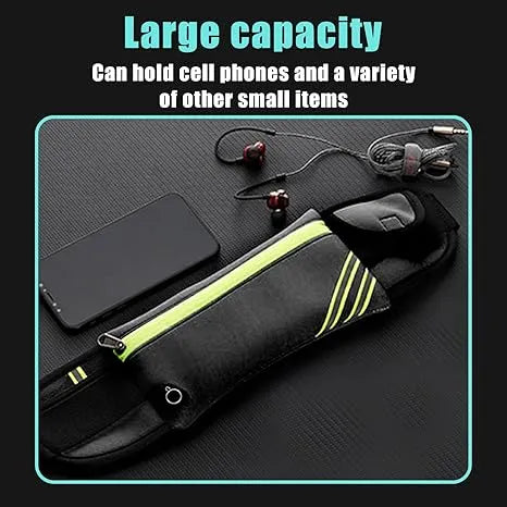 Black reflective waist pack with neon green trim, phone holder and storage pockets.