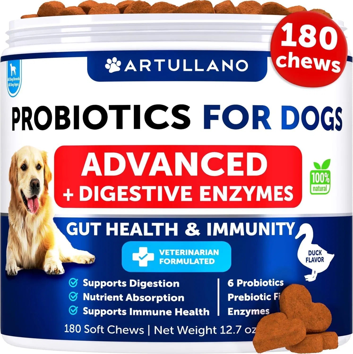 Artullano Probiotics for Dogs jar with 180 count label and advanced digestive enzymes info