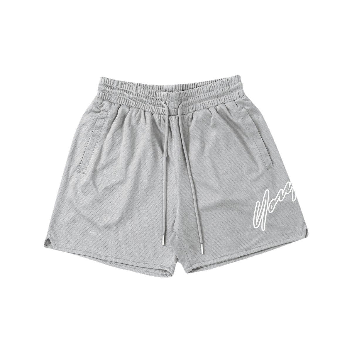 Light gray quick-dry training shorts with elastic waistband and drawstring, side logo.
