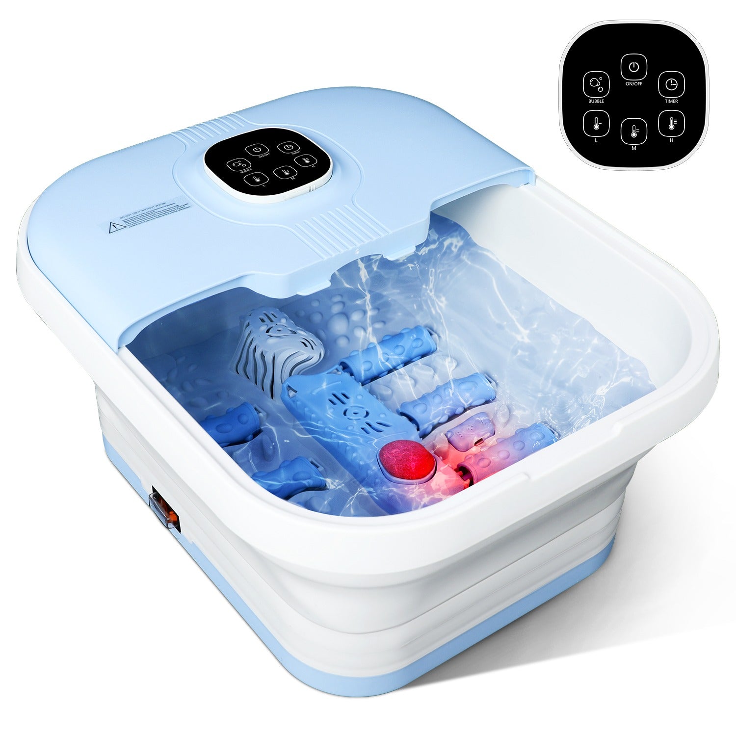 Electric foot spa with heat, bubble jets, and massage rollers; blue control panel on top