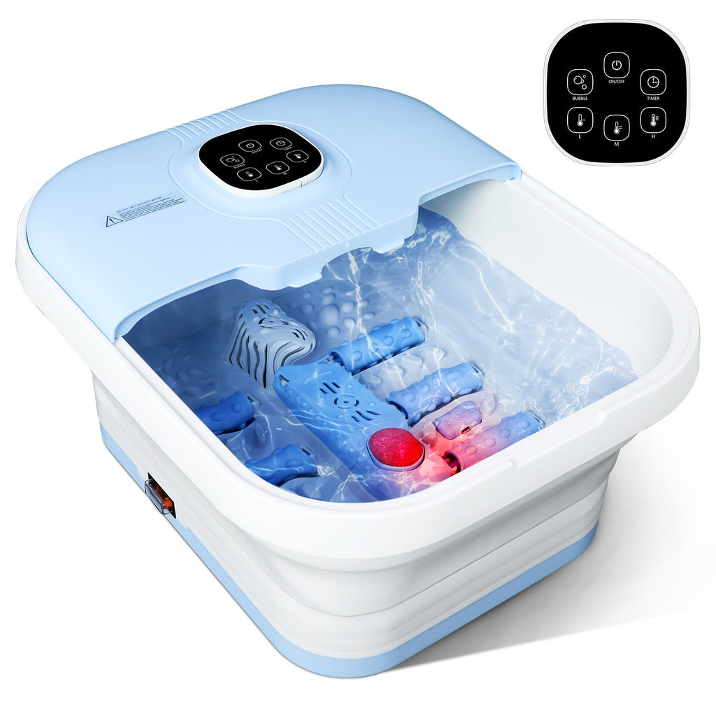 Electric foot spa with heat and bubble massage; top control panel and clear foot basin