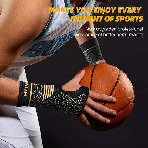 Black wrist compression sleeve with diamond knit pattern, worn while holding an orange basketball