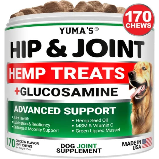 Hip & Joint hemp treats +glucosamine jar, 170 chews, chicken flavor