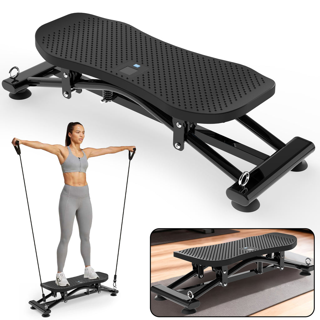 Black sliding ski simulator with resistance bands and foot pedals, used by a person