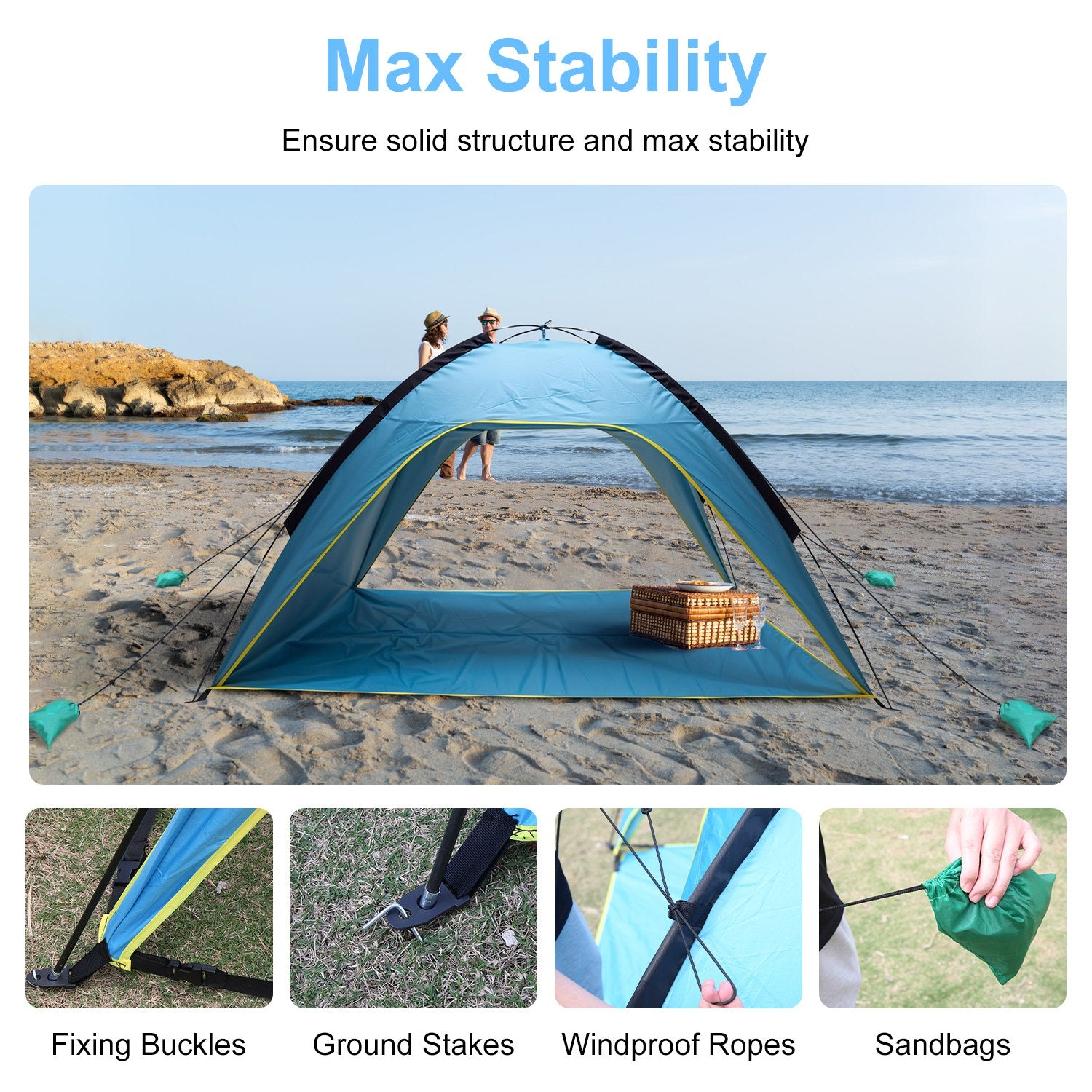 Blue beach dome tent canopy with three open side panels and outer guy lines.