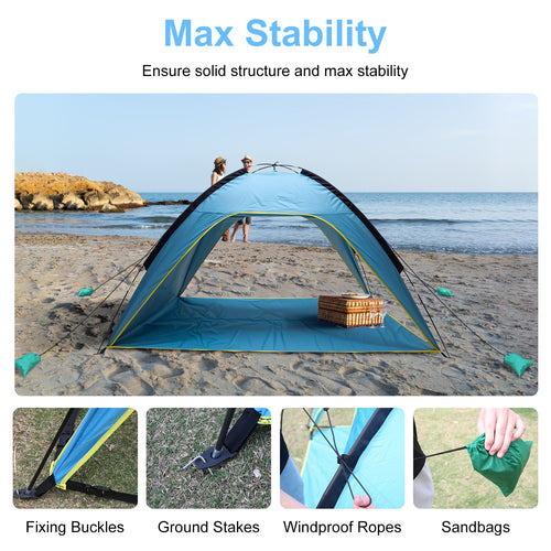 Blue beach dome tent canopy with three open side panels and outer guy lines.