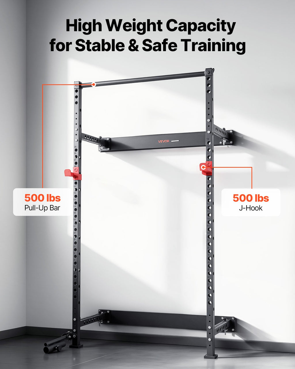 Black power cage with pull-up bar and J-hooks, wall-mounted stable squat rack frame