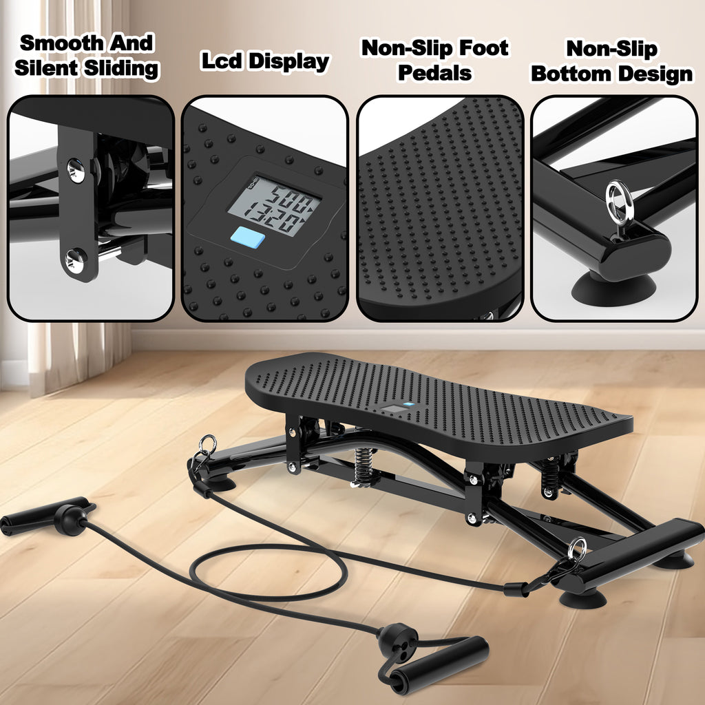 Black ski simulator with perforated deck, band cords, and small LCD display on base