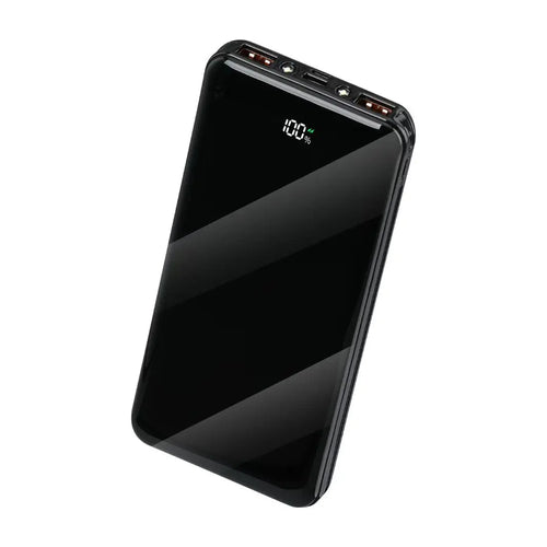 Black compact fast-charge power bank with side ports and 100% battery display