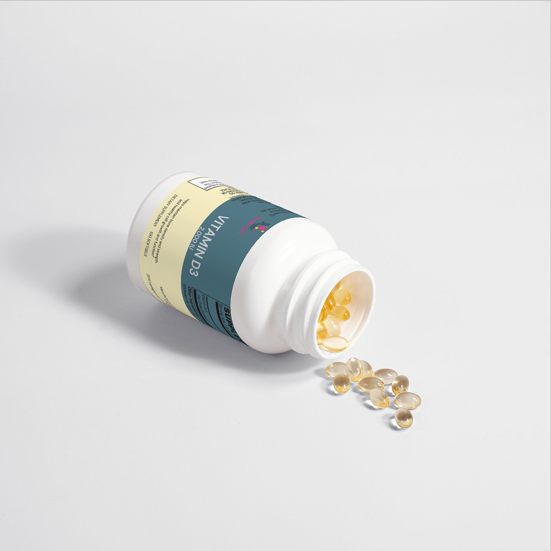 Vitamin D3 2000 IU bottle lying down with several amber softgels nearby