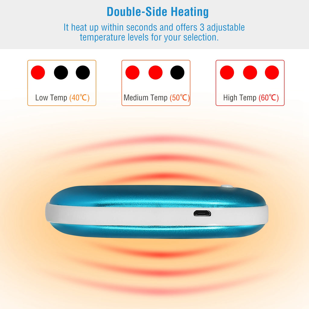 Hand warmer and power bank, blue oval with microUSB charging port on the edge.