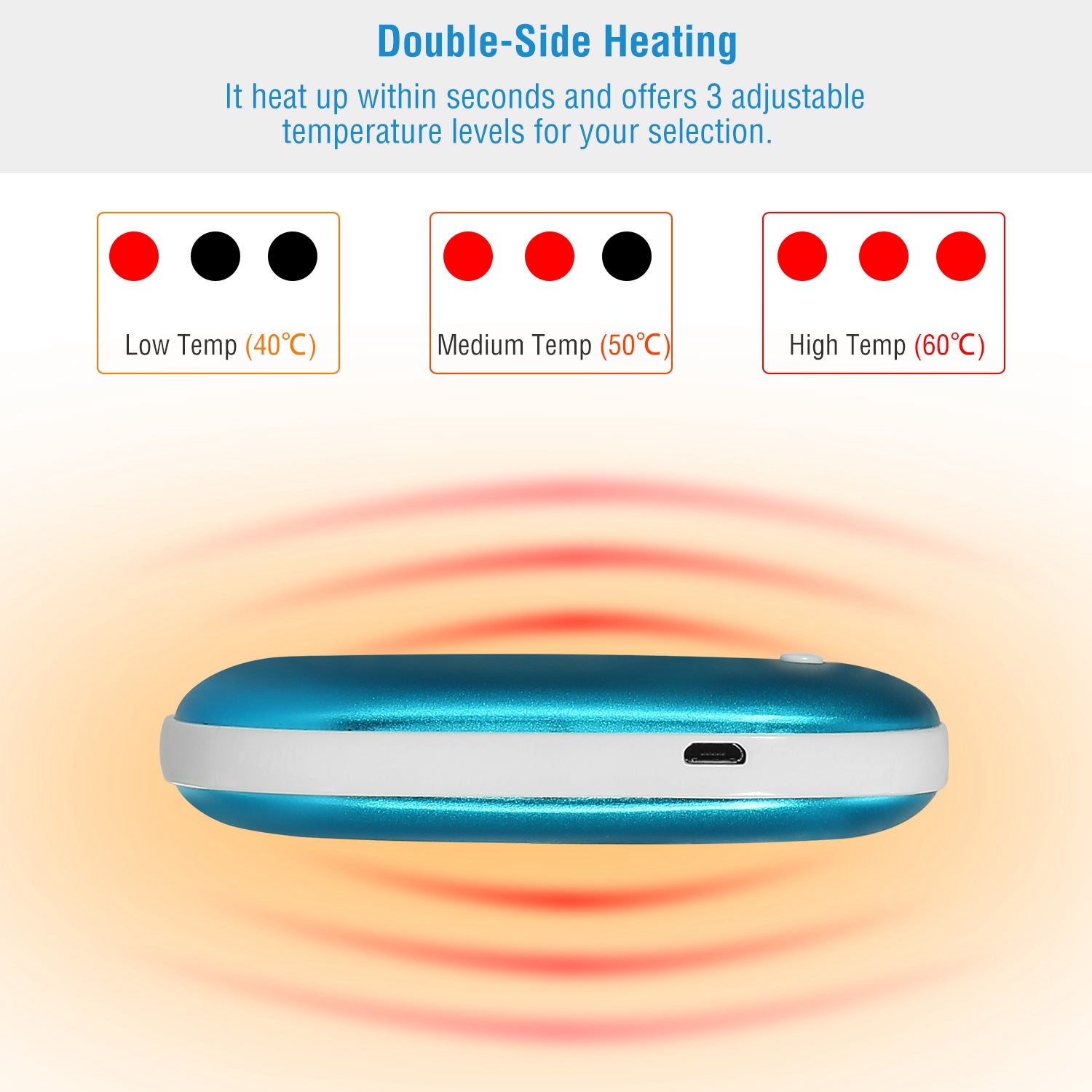 Hand warmer and power bank, blue oval with microUSB charging port on the edge.