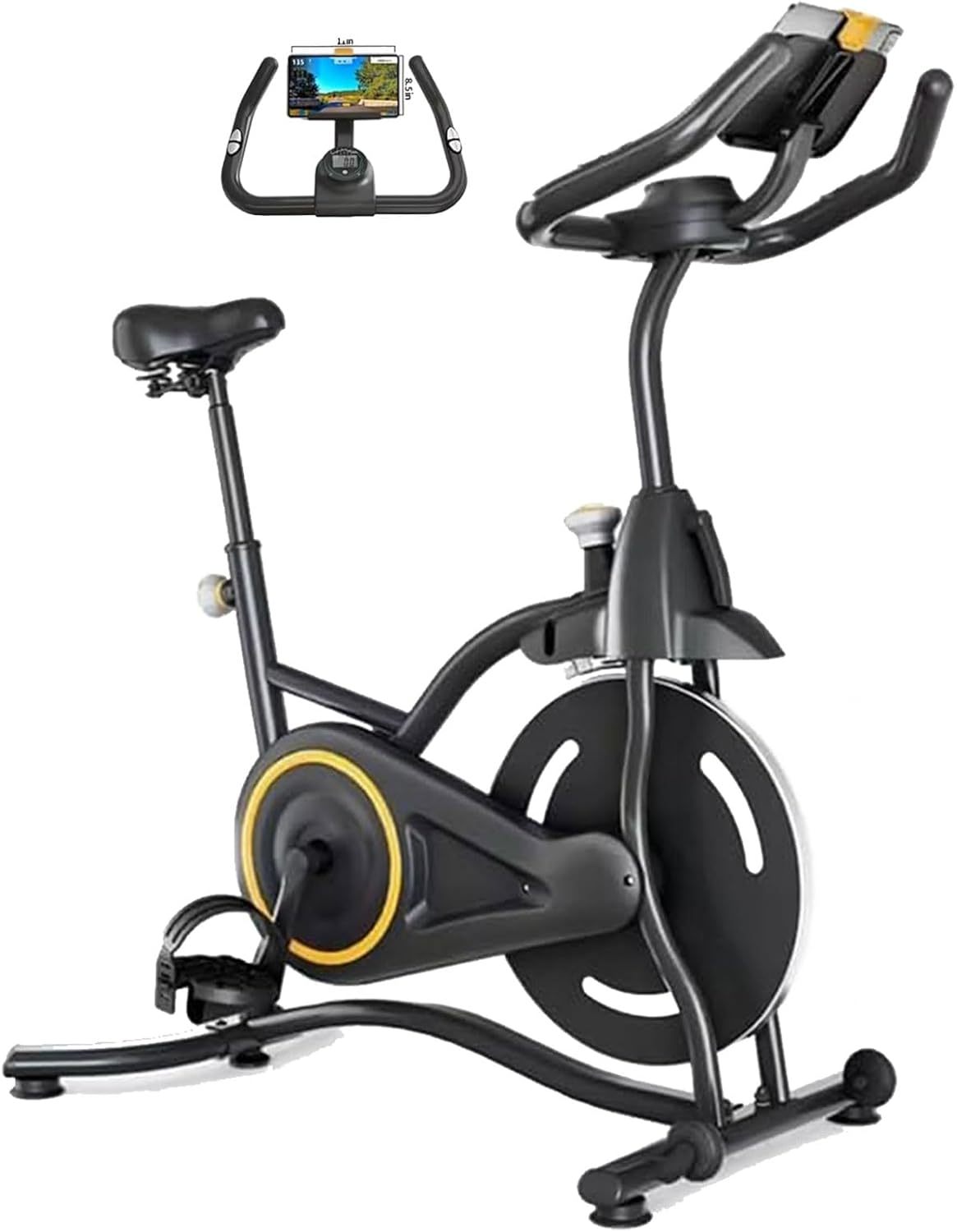 Black magnetic spin bike with handlebars, seat, and front flywheel with yellow accents