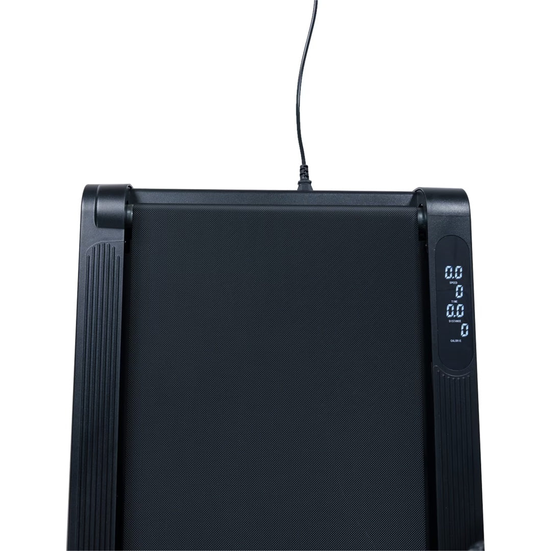 Black treadmill control area with built-in display and buttons on the front side