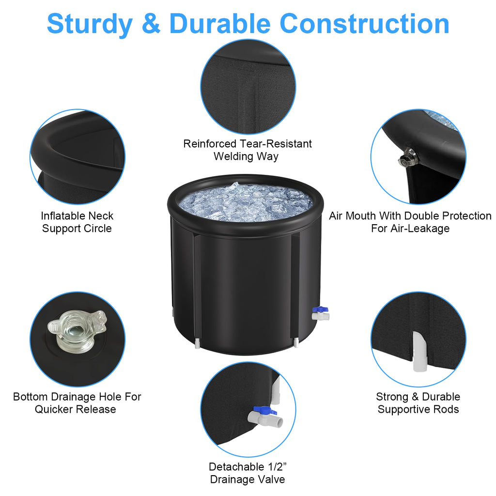 Cold plunge tub with detachable drainage valve, support rods, and inflating air pump part