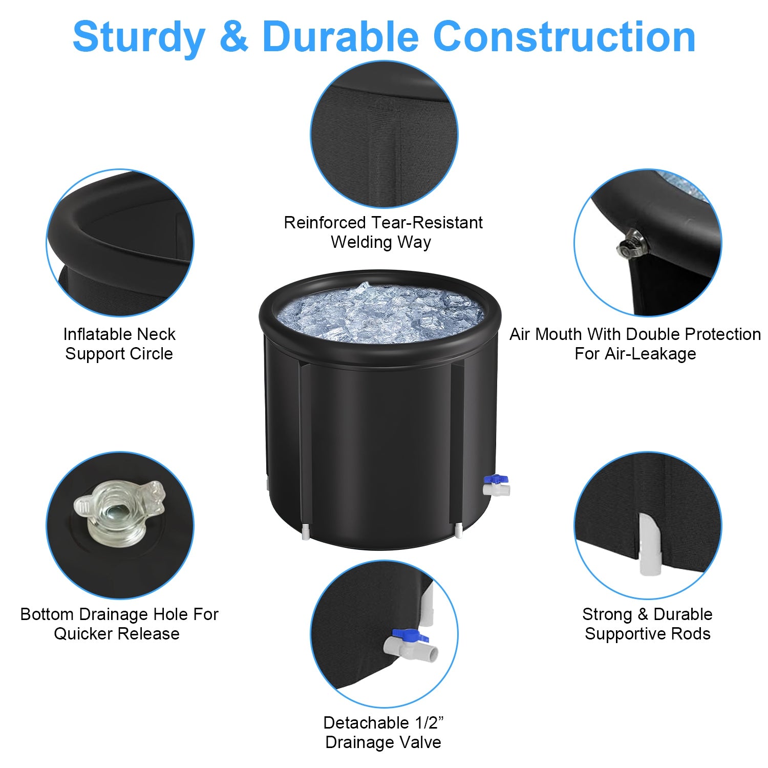 Cold plunge tub with detachable drainage valve, support rods, and inflating air pump part