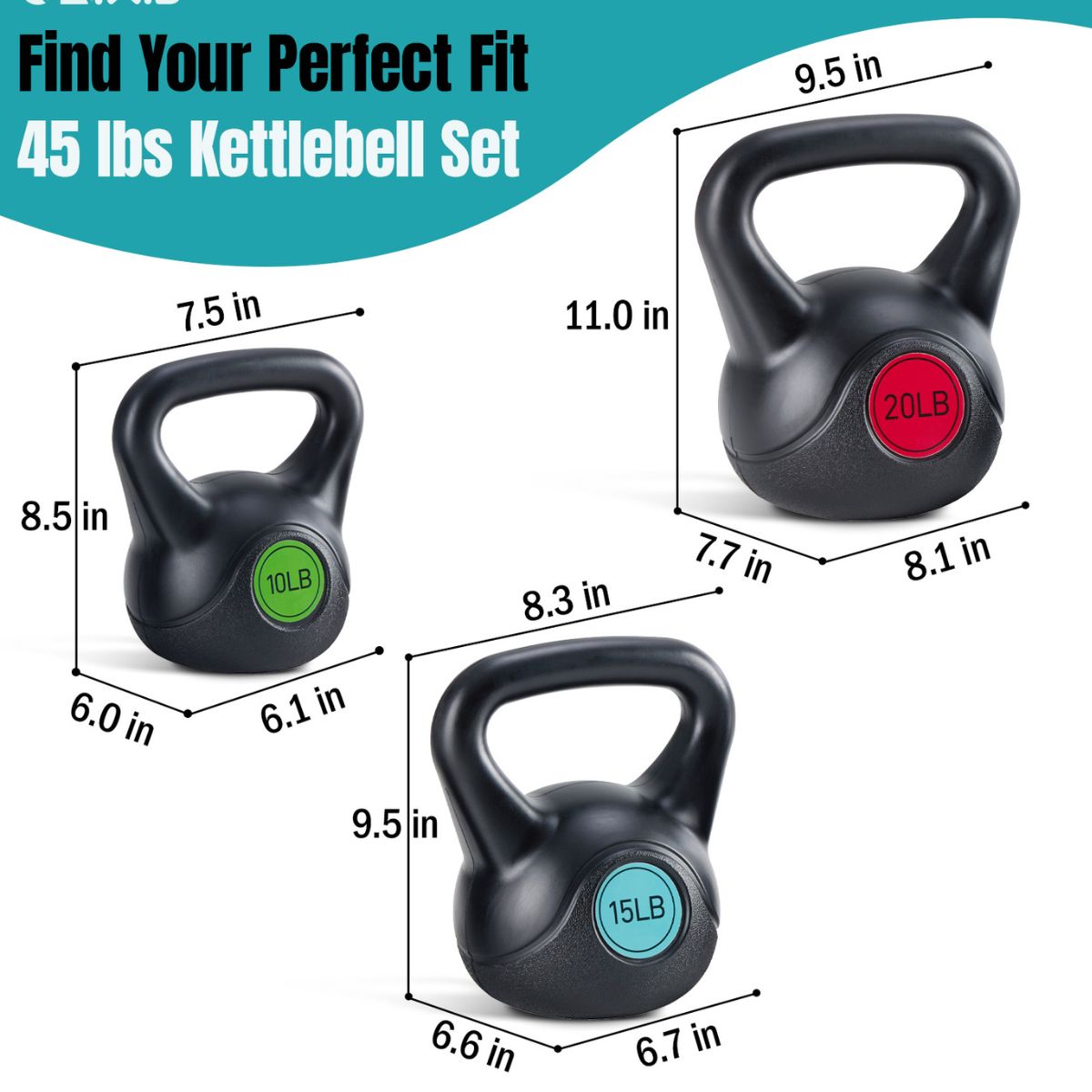 Three black kettlebells with wide handles and 10LB, 15LB, 20LB colored weight discs