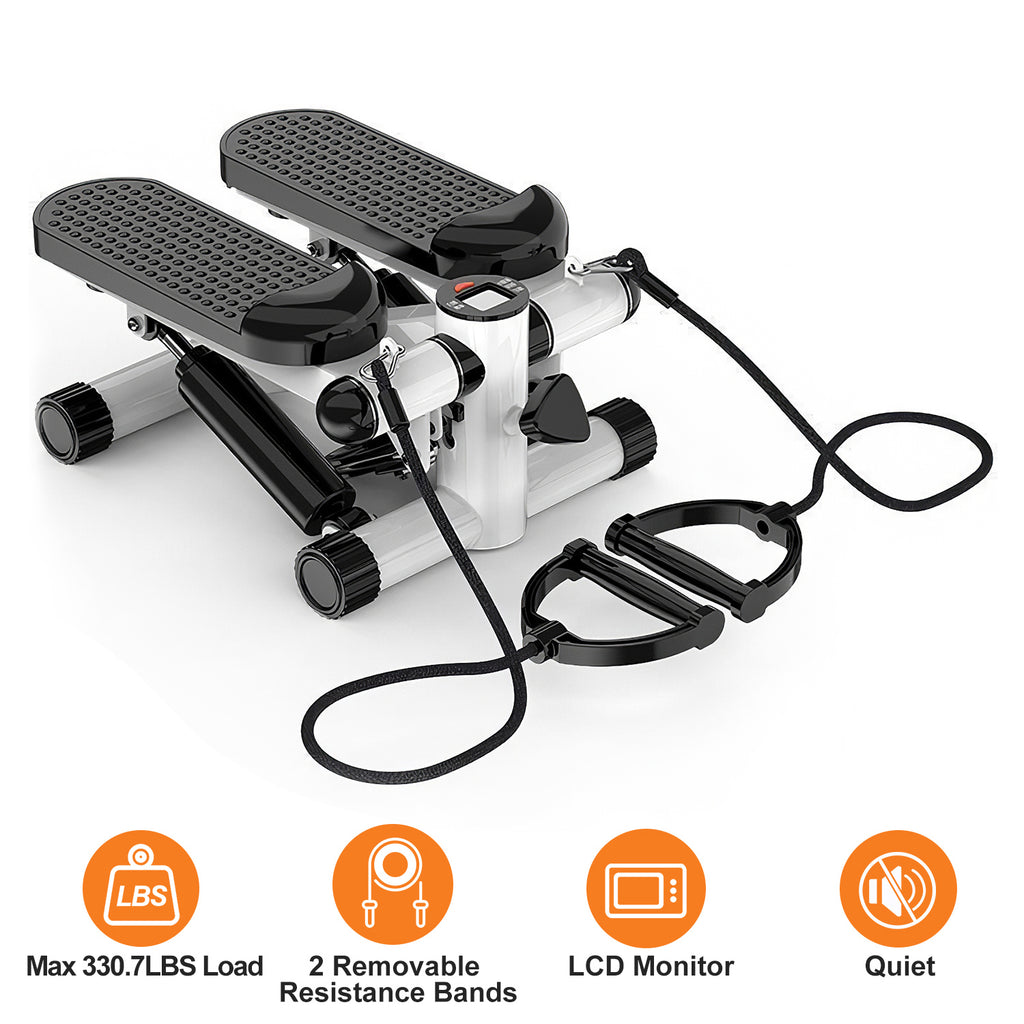 Mini fitness stepper with LCD monitor, black step pads, and resistance bands