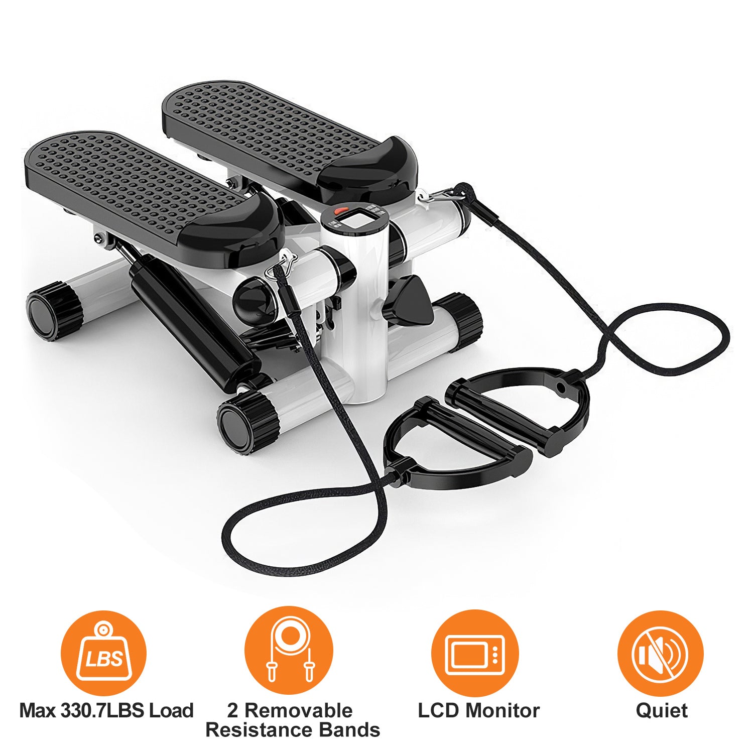 Mini fitness stepper with LCD monitor, black step pads, and resistance bands