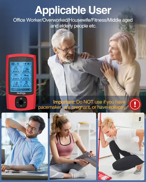 Red TENS unit with LCD screen showing stimulation modes and control buttons