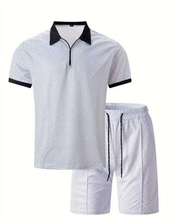 Light blue short-sleeve athletic set with zip placket and striped drawstring shorts