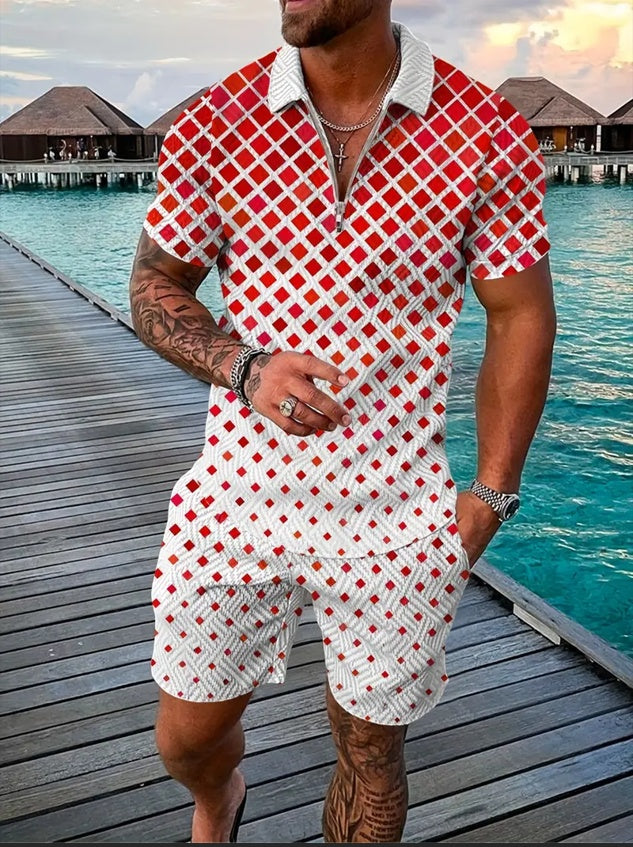 Red-and-white check athletic set with short-sleeve half-zip top and training shorts