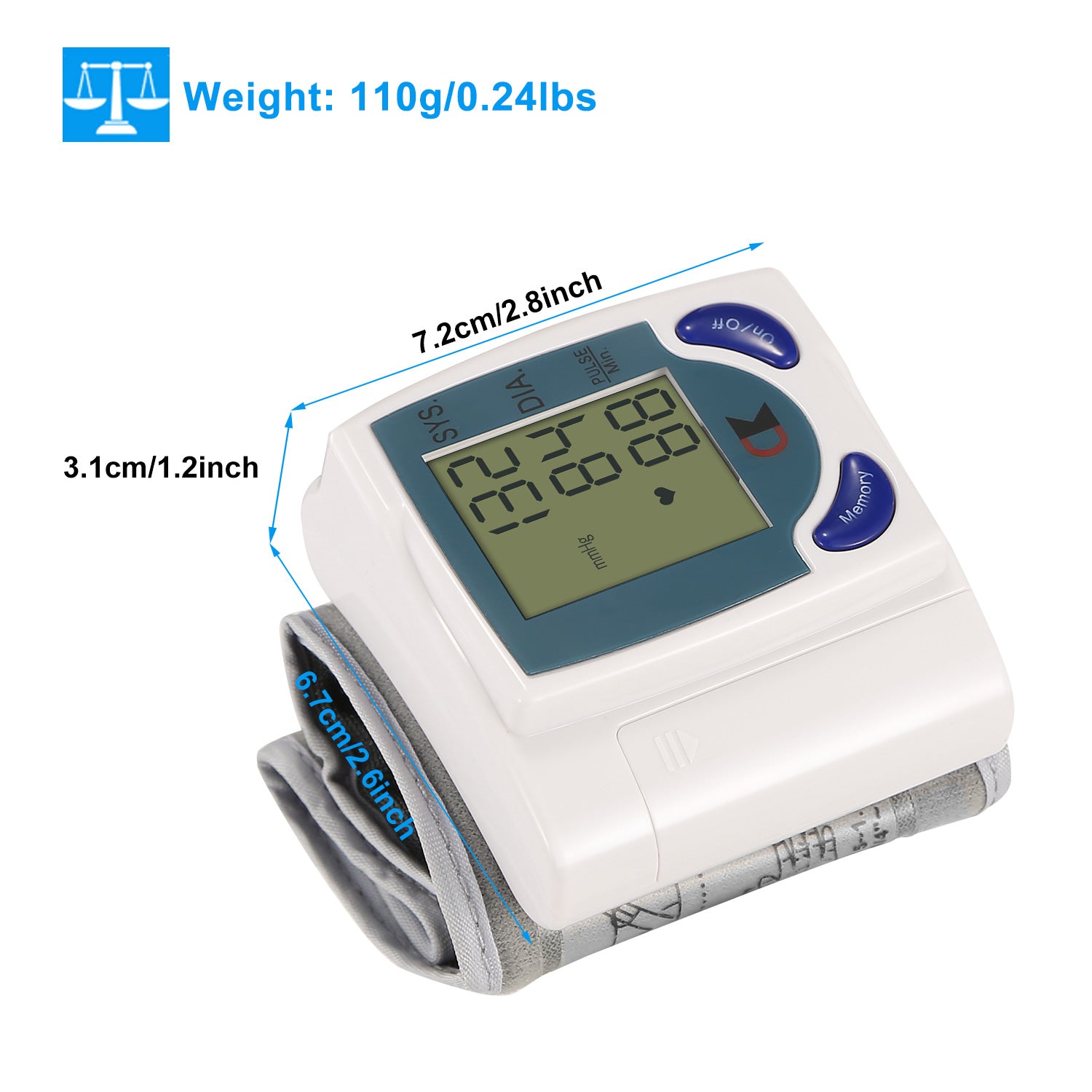 White digital wrist blood pressure monitor with blue LCD and gray cuff, angled view.