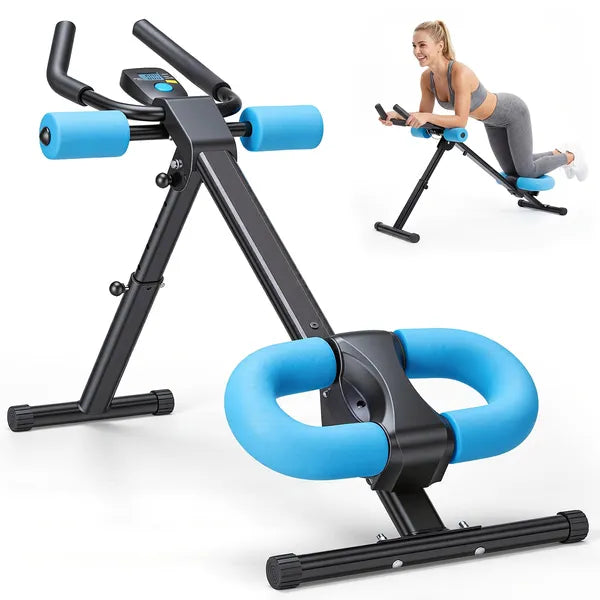 Adjustable ab machine with blue knee pads and padded core roller, LCD monitor included