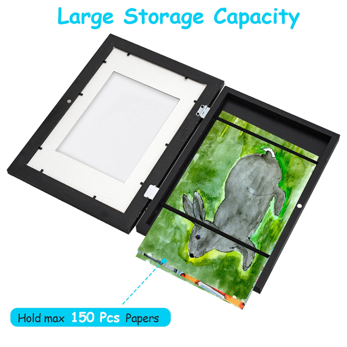 Black A4 art frame with front opening, showing inner backing for holding paper up to 150 pcs.
