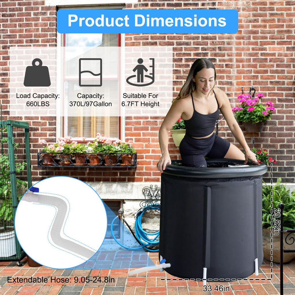 Black portable cold plunge tub with cover open, shown with water hose connection