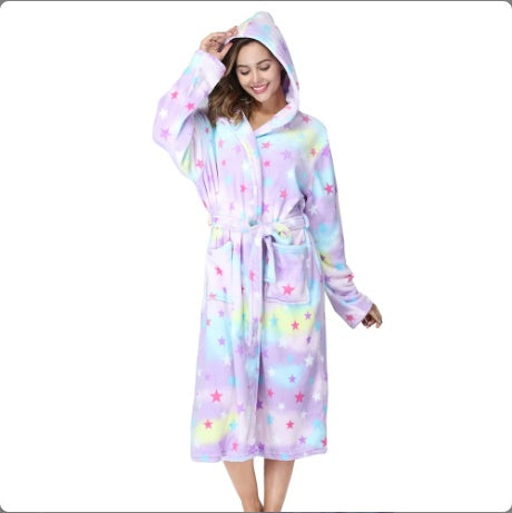 Pastel star-print hooded bathrobe with belt tie and long sleeves
